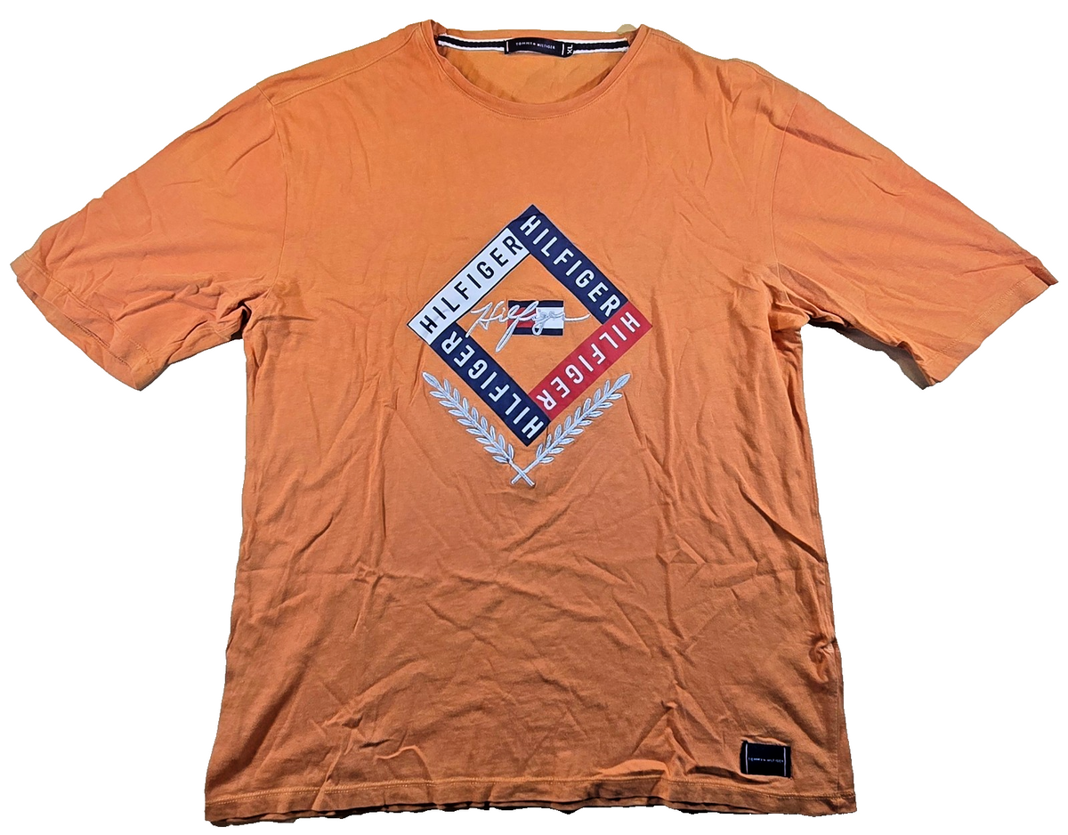 Tommy Hilfiger T Shirt XL Orange Logo Graphic Flag Spellout Mens Tee