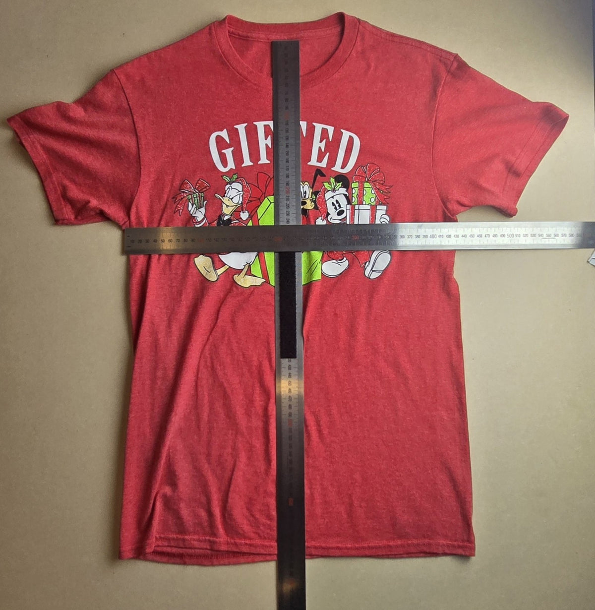 Disney Christmas Gifted Mickey Goofy Donald Graphic Red Crew Neck T-Shirt S