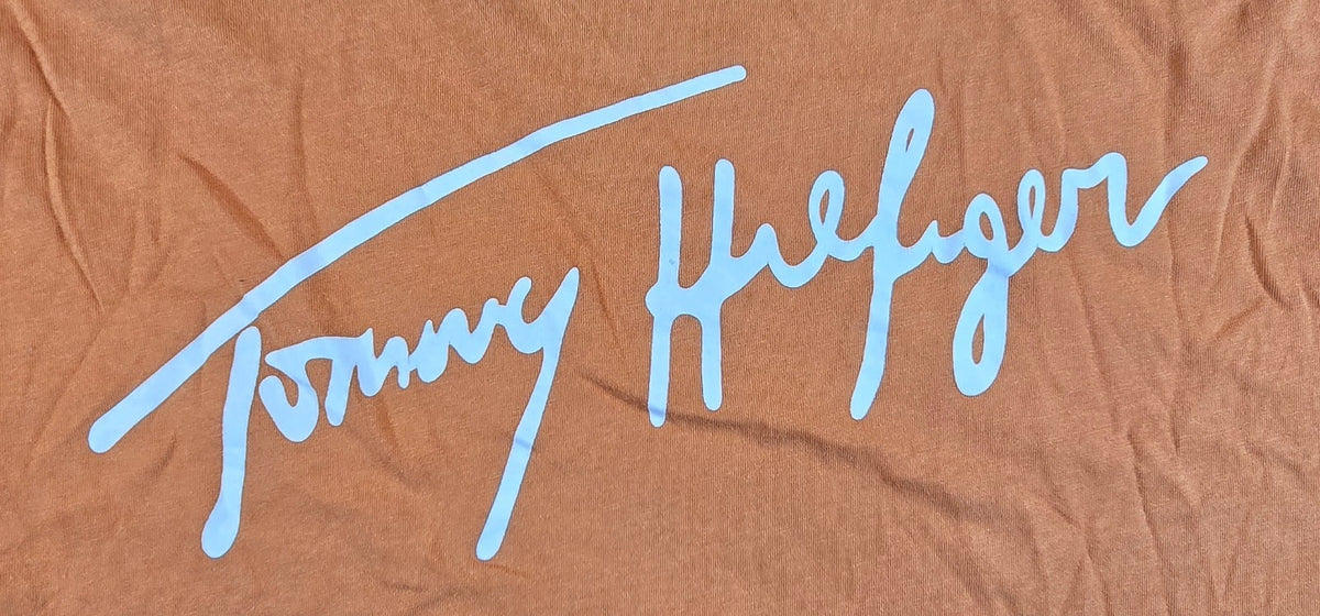Tommy Hilfiger T Shirt XL Orange Logo Graphic Flag Spellout Mens Tee