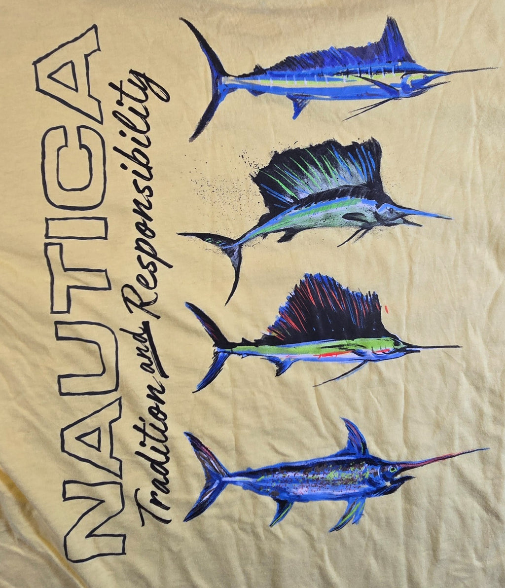 Nautica T Shirt Medium Yellow Fishing Marlin Sailfish Graphic 100% Cotton Tee Me