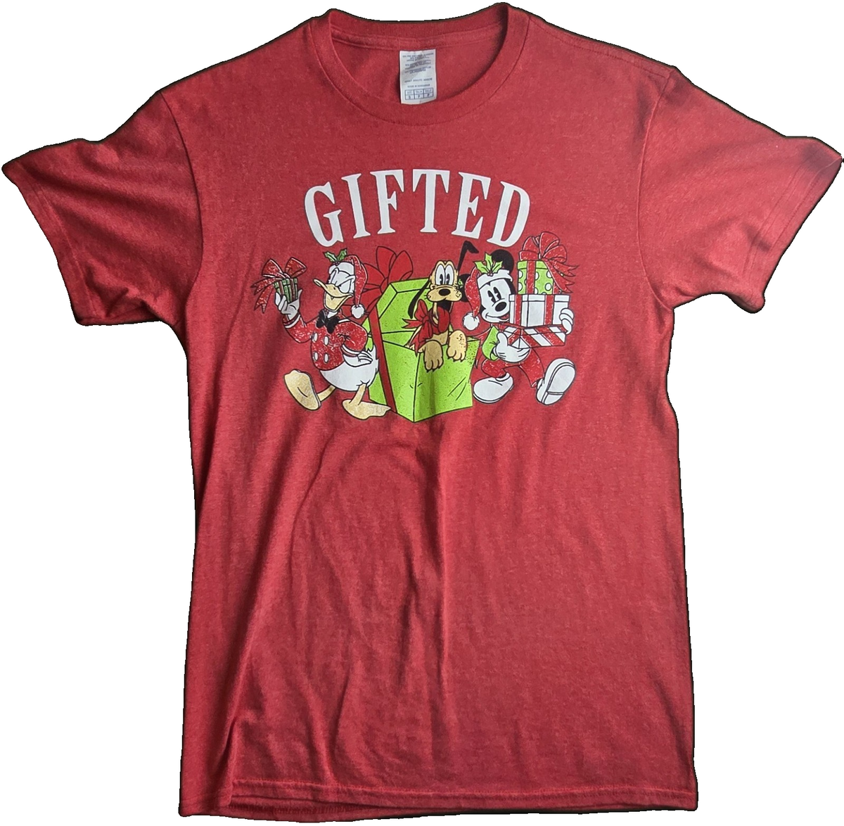 Disney Christmas Gifted Mickey Goofy Donald Graphic Red Crew Neck T-Shirt S