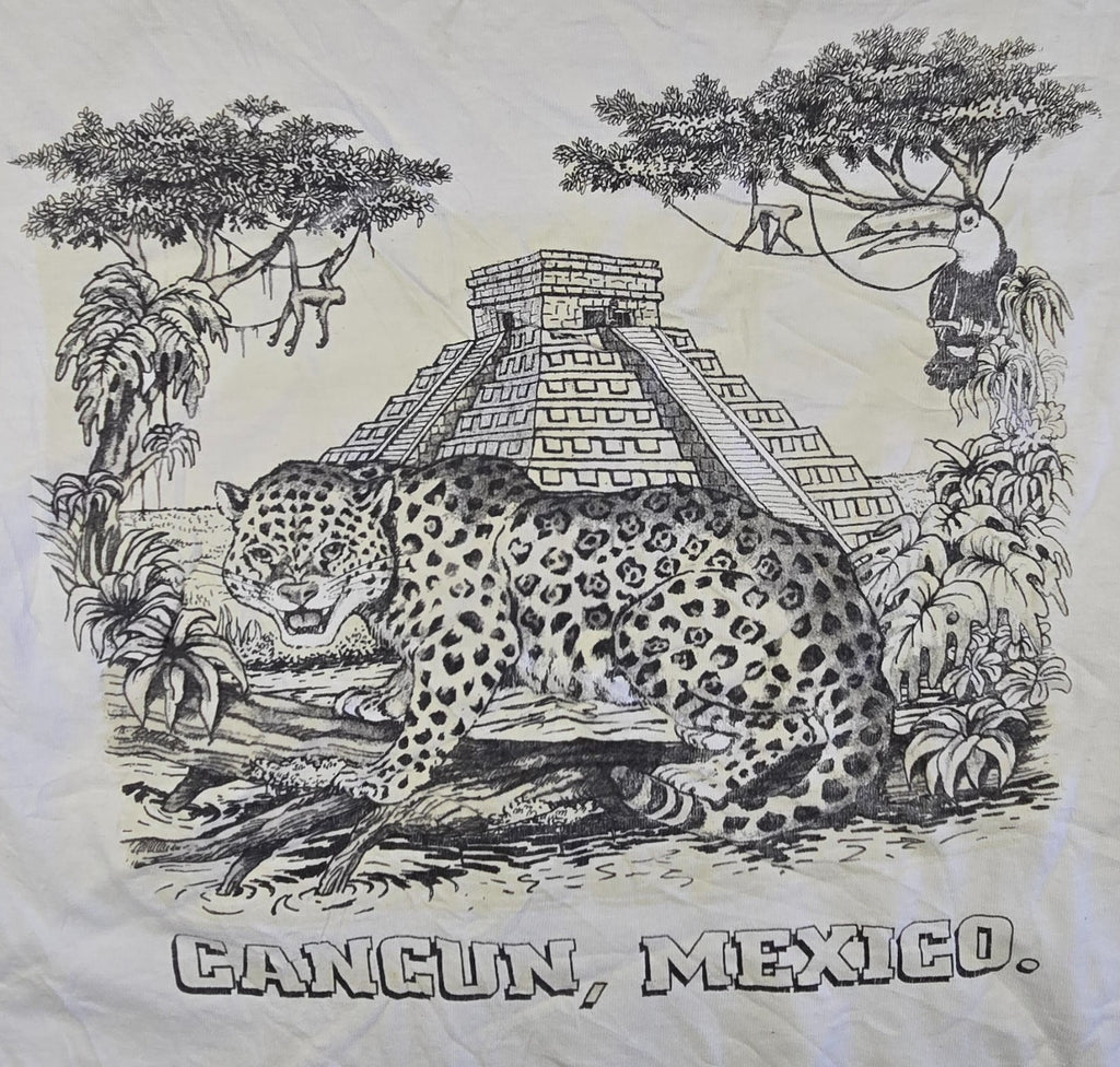 Cancun Mexico T Shirt Large L White Jaguar Mayan Pyramid 100% Cotton Souvenir