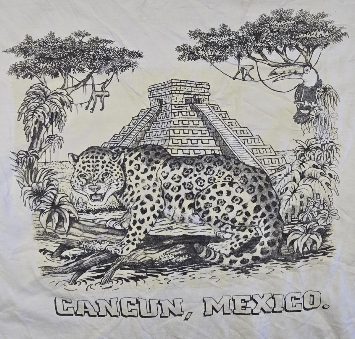 Cancun Mexico T Shirt Large L White Jaguar Mayan Pyramid 100% Cotton Souvenir