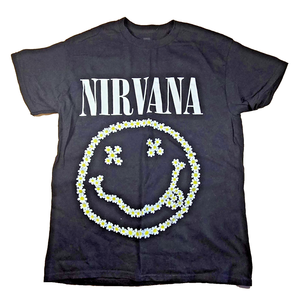 Nirvana T Shirt Small S Black Daisy Smiley Face Logo Grunge Rock Band Tee