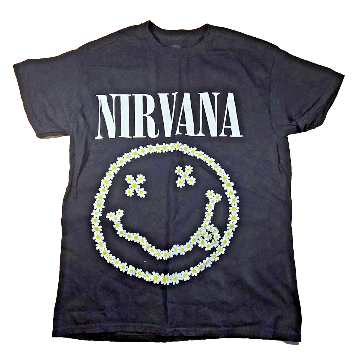 Nirvana T Shirt Small S Black Daisy Smiley Face Logo Grunge Rock Band Tee