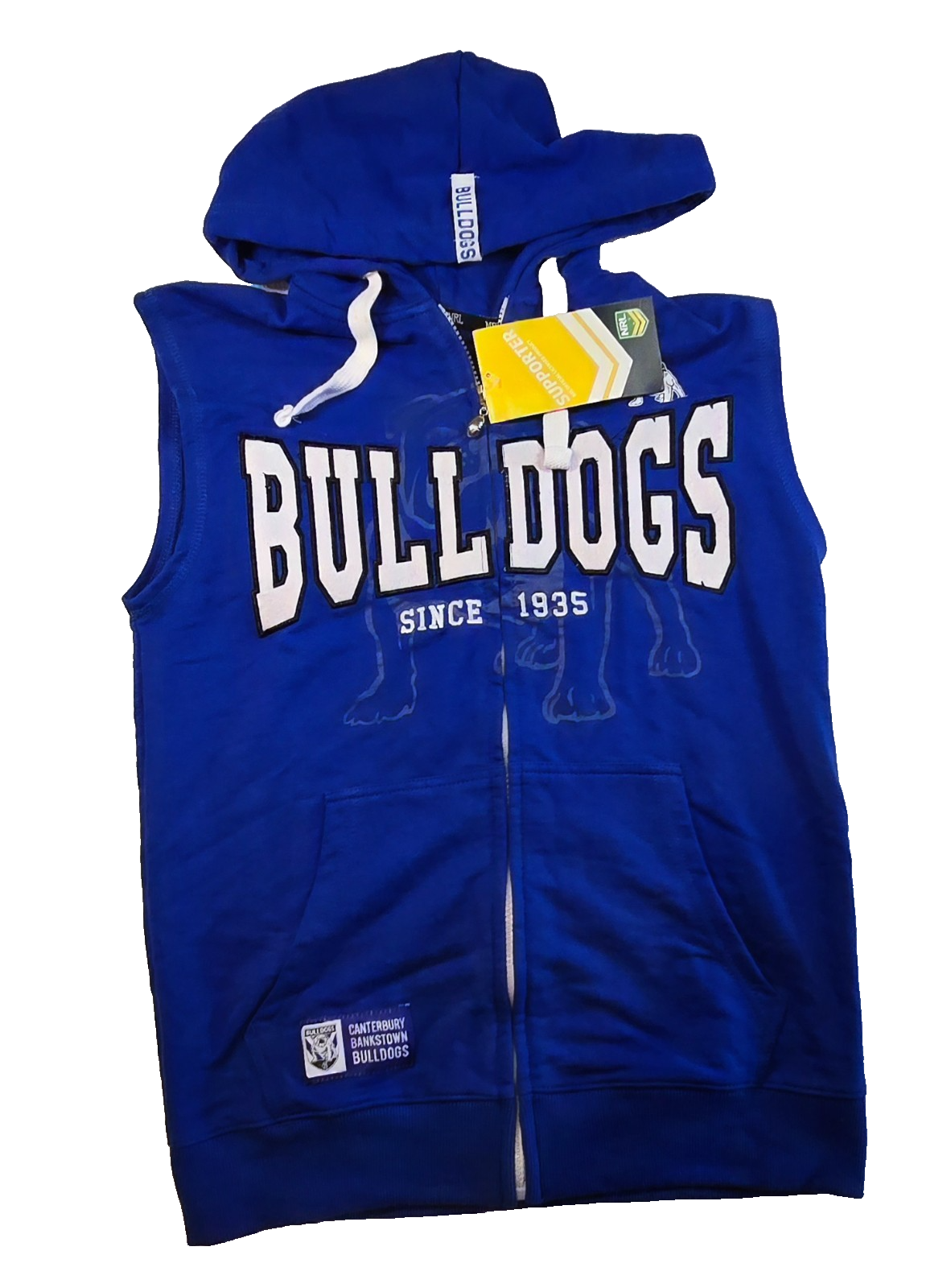 NRL Canterbury Bulldogs Hoodie Vest Mens Blue Sleeveless Zip New With Tags Sz 14