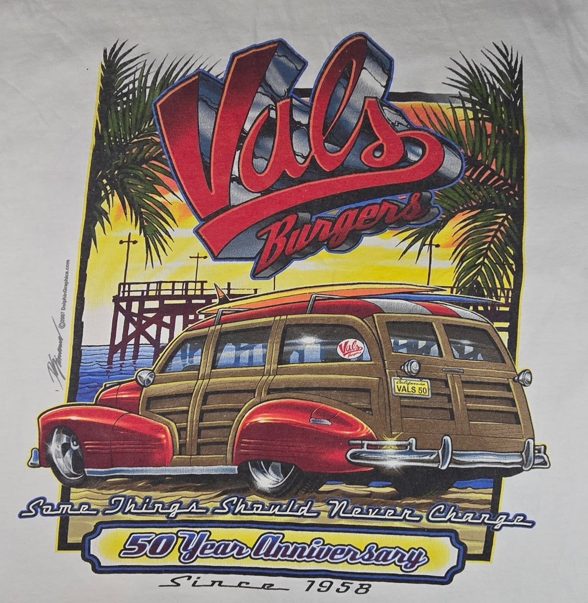 Vals Burgers 50th Anniversary T Shirt L Classic Car Woody Surf Hot Rod Retro Te
