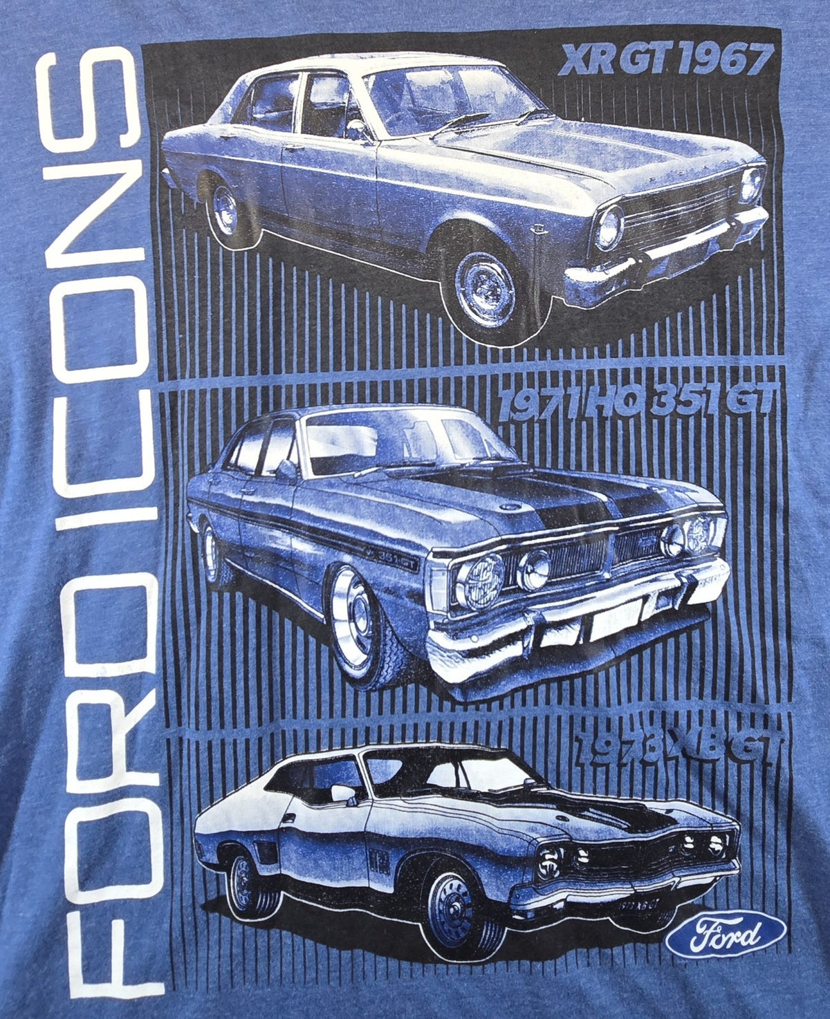 Ford Icons T Shirt Large L Blue XR GT Falcon XW XY XB Classic Cars Licensed
