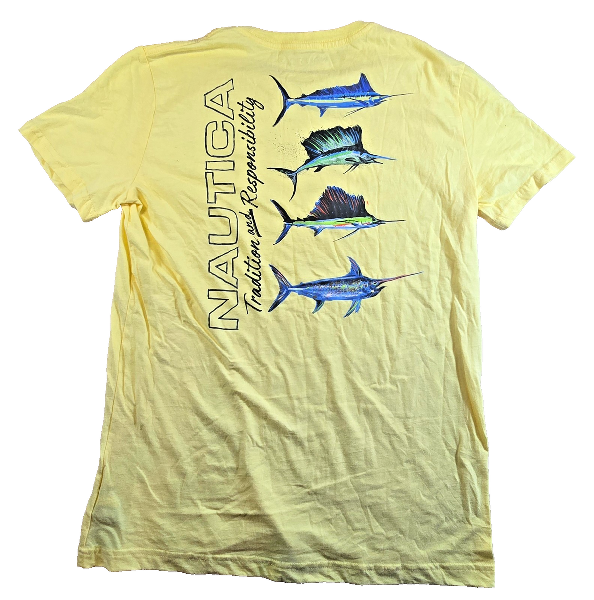 Nautica T Shirt Medium Yellow Fishing Marlin Sailfish Graphic 100% Cotton Tee Me
