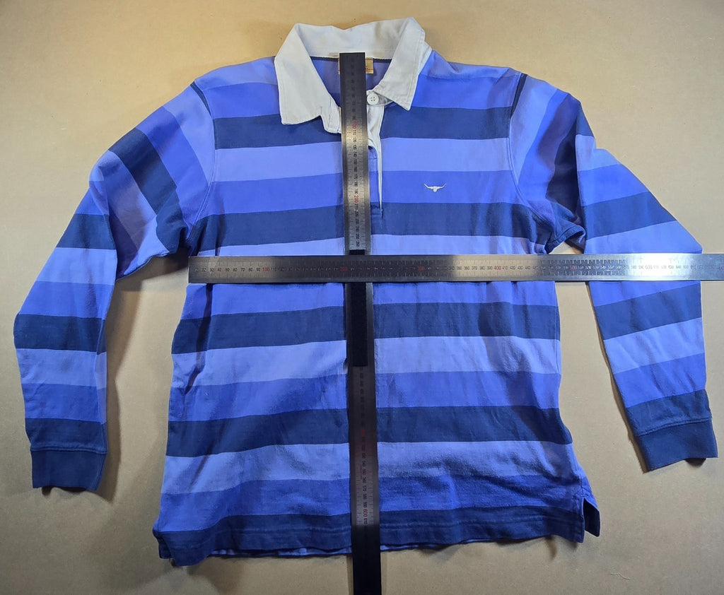 R.M. Williams Rugby Polo Shirt Size 12 Blue Stripe Long Sleeve Cotton