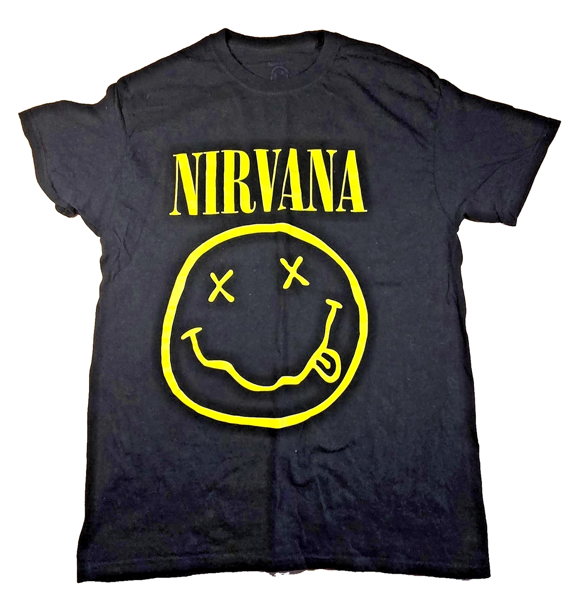 Nirvana T Shirt Large L Black Yellow Smiley Face Logo Grunge Rock Band Tee