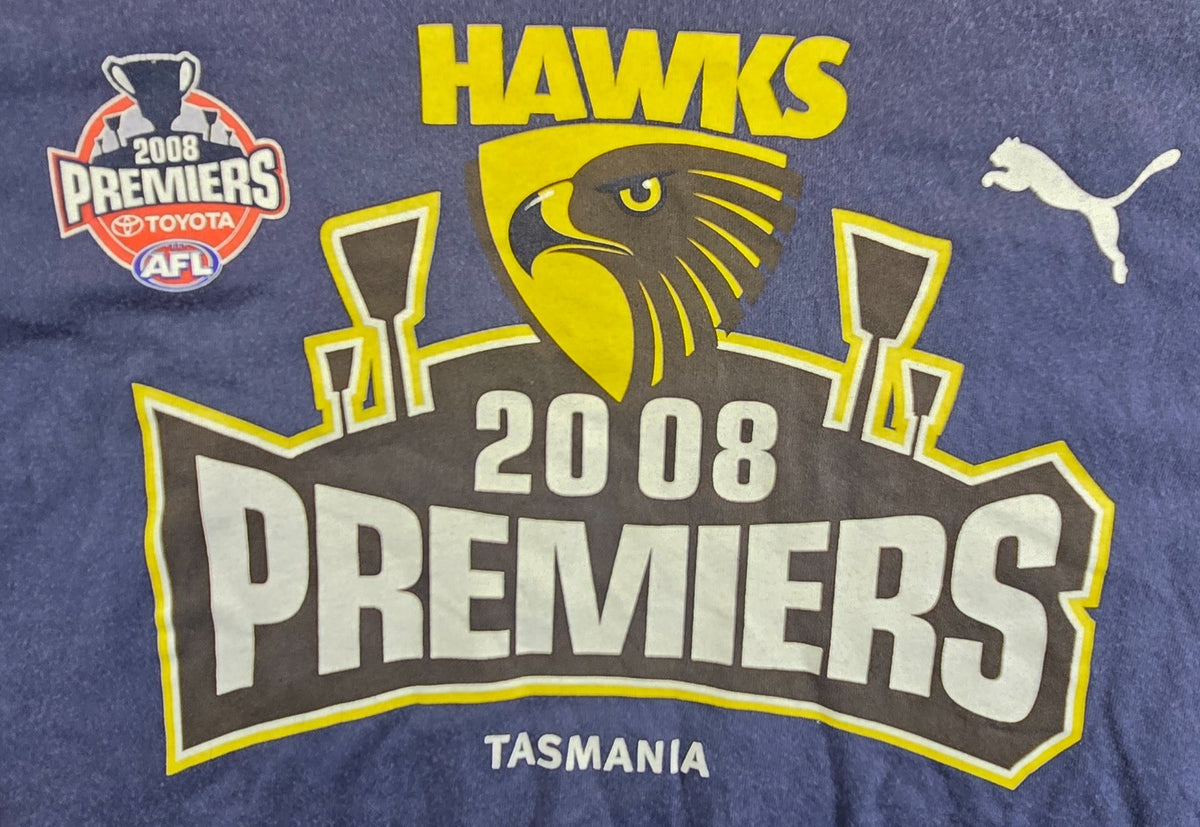 Hawthorn Hawks 2008 AFL Premiers T Shirt Puma Tasmania Blue Size L Football