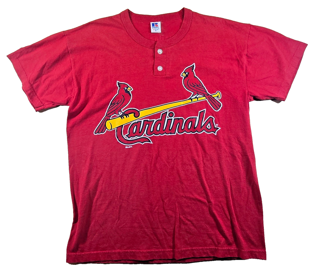 St Louis Cardinals T Shirt Medium M Russell Athletic MLB Baseball Henley Red
