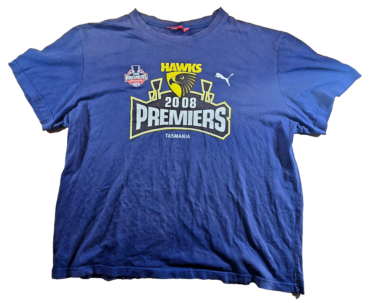 Hawthorn Hawks 2008 AFL Premiers T Shirt Puma Tasmania Blue Size L Football