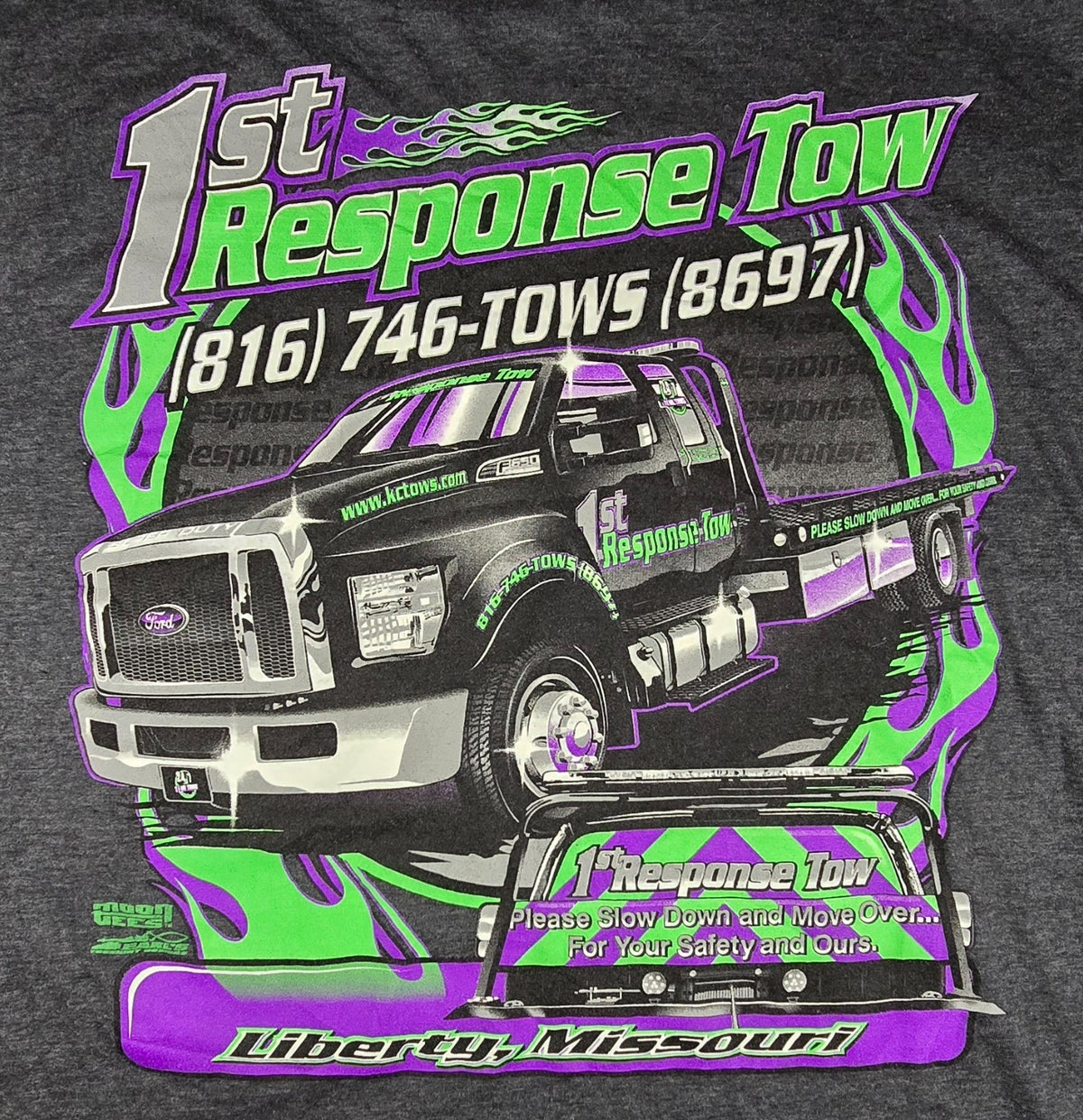 1st Response Tow Truck T Shirt Graphic Tee Liberty Missouri Flames Auto Size Unk
