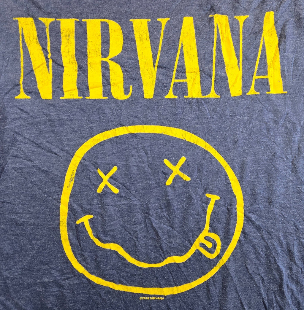 Nirvana T Shirt Medium M Blue Smiley Face Logo Grunge Rock Band 2016 Cotton