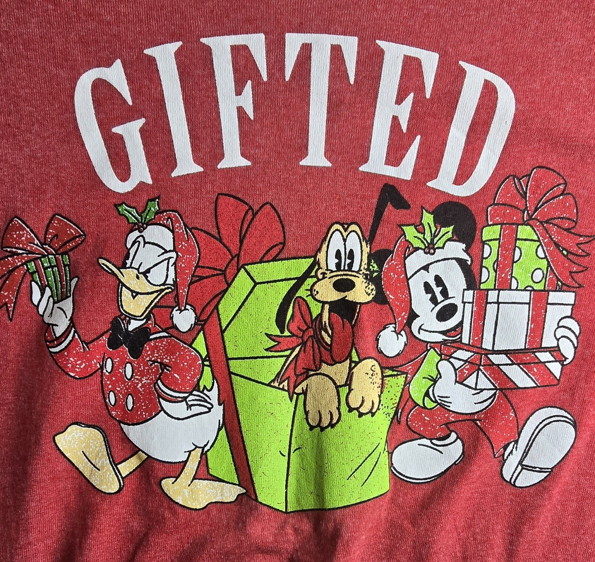 Disney Christmas Gifted Mickey Goofy Donald Graphic Red Crew Neck T-Shirt S