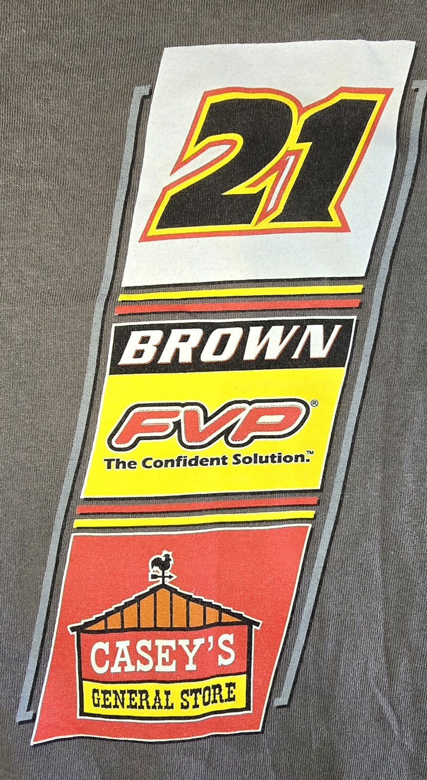 Gildan Ultra Cotton Grey Cotton Motor Racing Shirt Size L "21 Brown" FVP Casey's