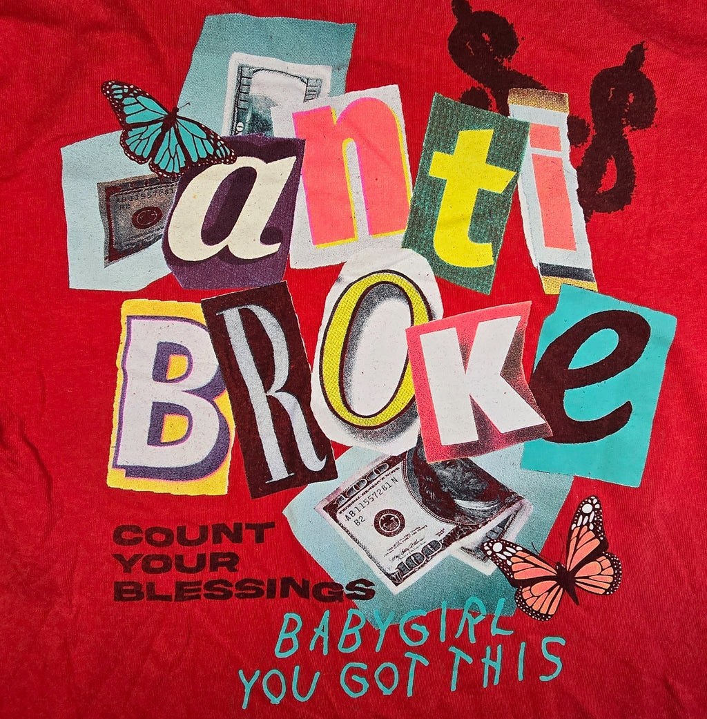 Anti Broke Graphic T Shirt Red Money Butterfly Streetwear Y2K Style Tee
