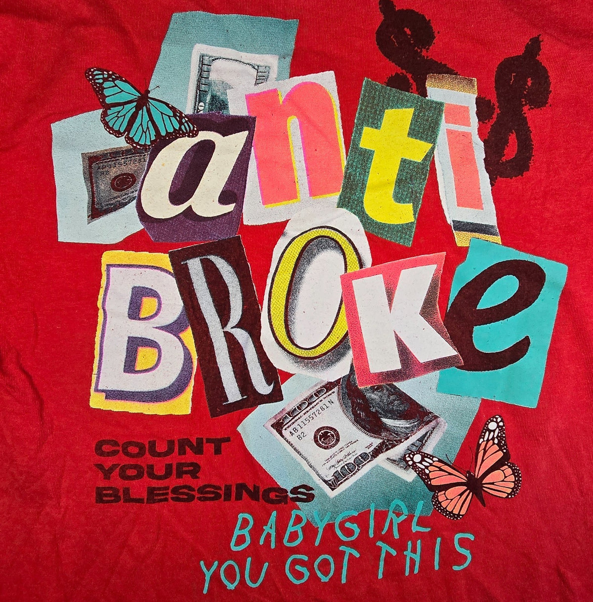 Anti Broke Graphic T Shirt Red Money Butterfly Streetwear Y2K Style Tee