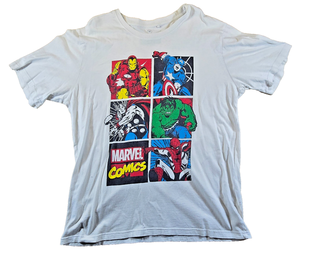 Marvel Comics T Shirt Medium M White Iron Man Spider-Man Hulk Thor Avengers Tee