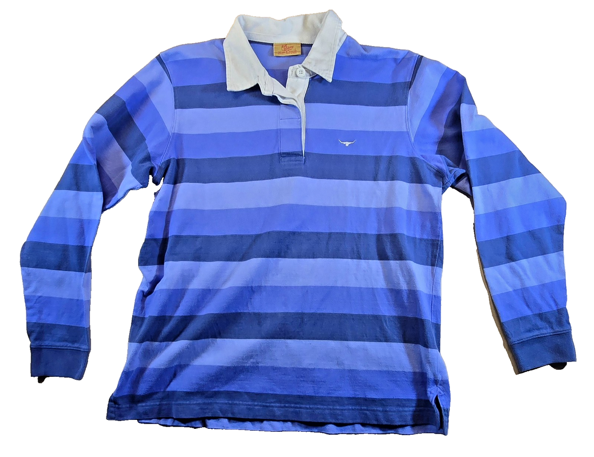 R.M. Williams Rugby Polo Shirt Size 12 Blue Stripe Long Sleeve Cotton