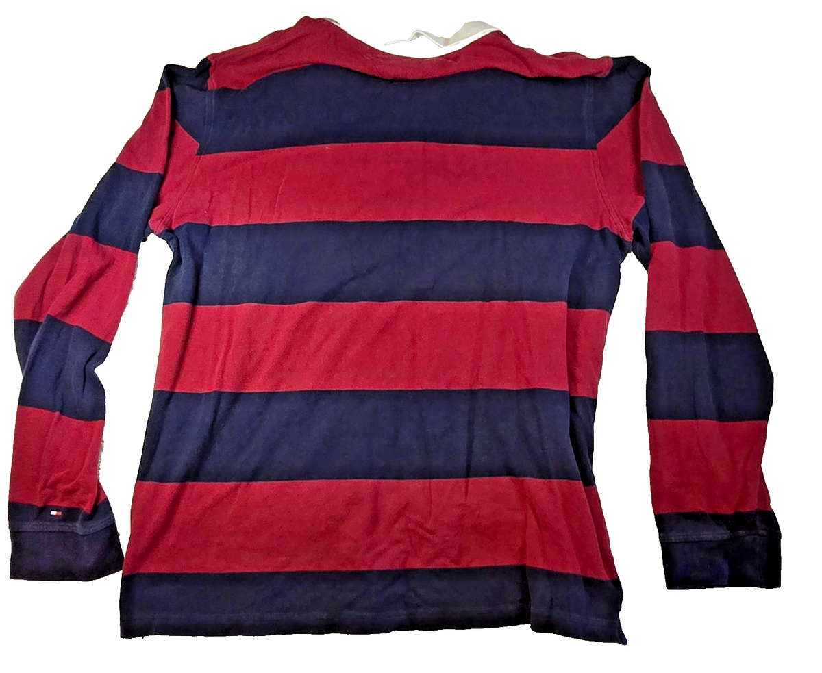Tommy Hilfiger Rugby Shirt Men's Red Navy Striped Long Sleeve Spellout Polo XL