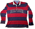Tommy Hilfiger Rugby Shirt Men's Red Navy Striped Long Sleeve Spellout Polo XL