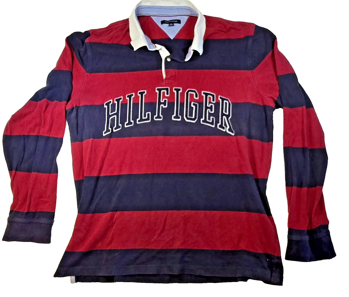 Tommy Hilfiger Rugby Shirt Men's Red Navy Striped Long Sleeve Spellout Polo XL