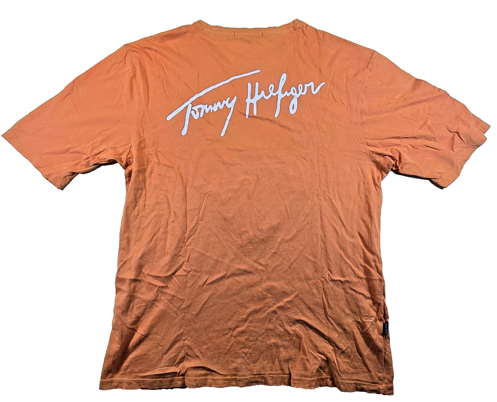 Tommy Hilfiger T Shirt XL Orange Logo Graphic Flag Spellout Mens Tee
