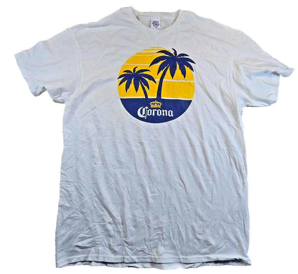 Corona Beer T Shirt Large L White Palm Trees Beach Graphic Delta Pro Weight Tee