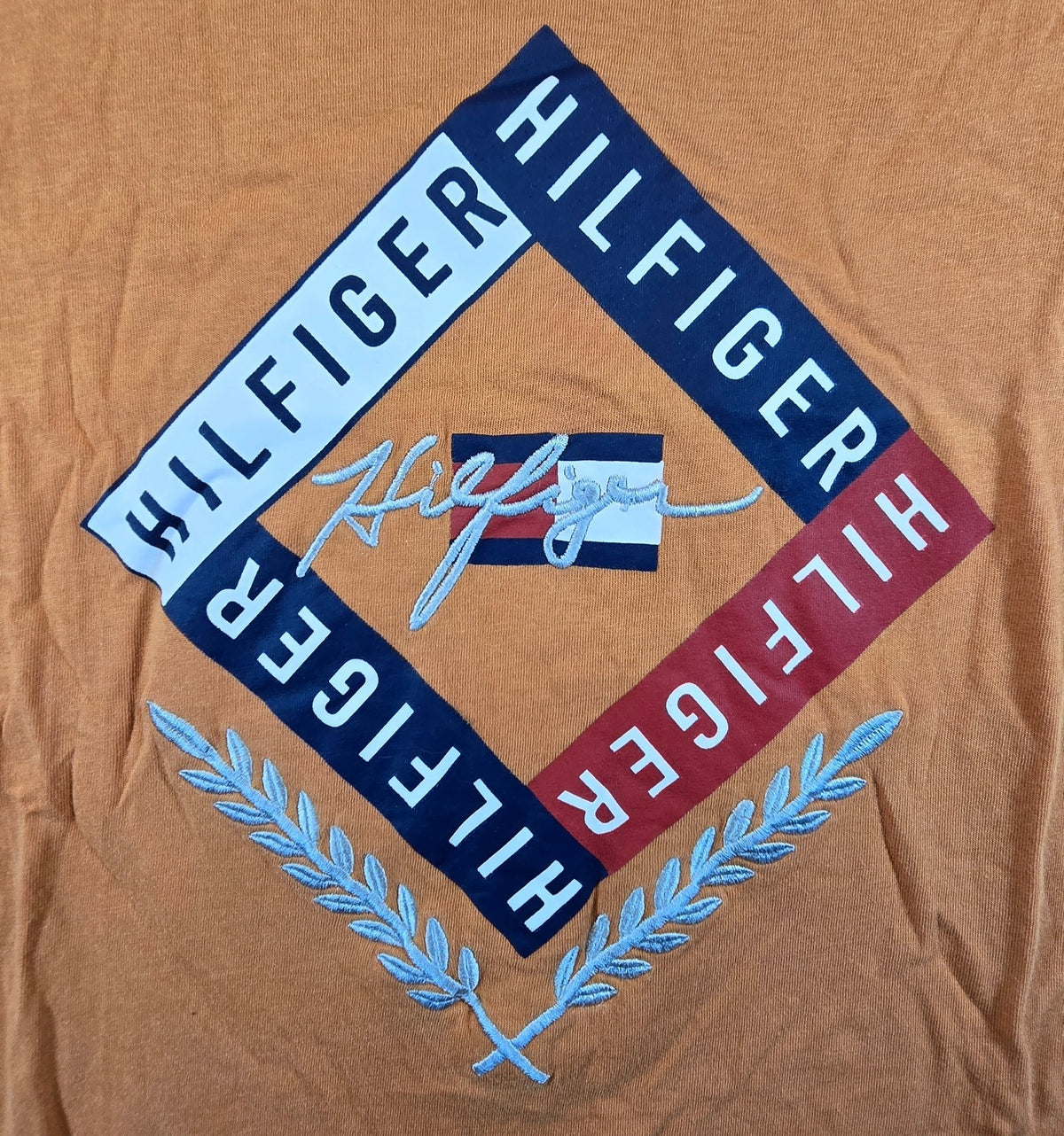 Tommy Hilfiger T Shirt XL Orange Logo Graphic Flag Spellout Mens Tee
