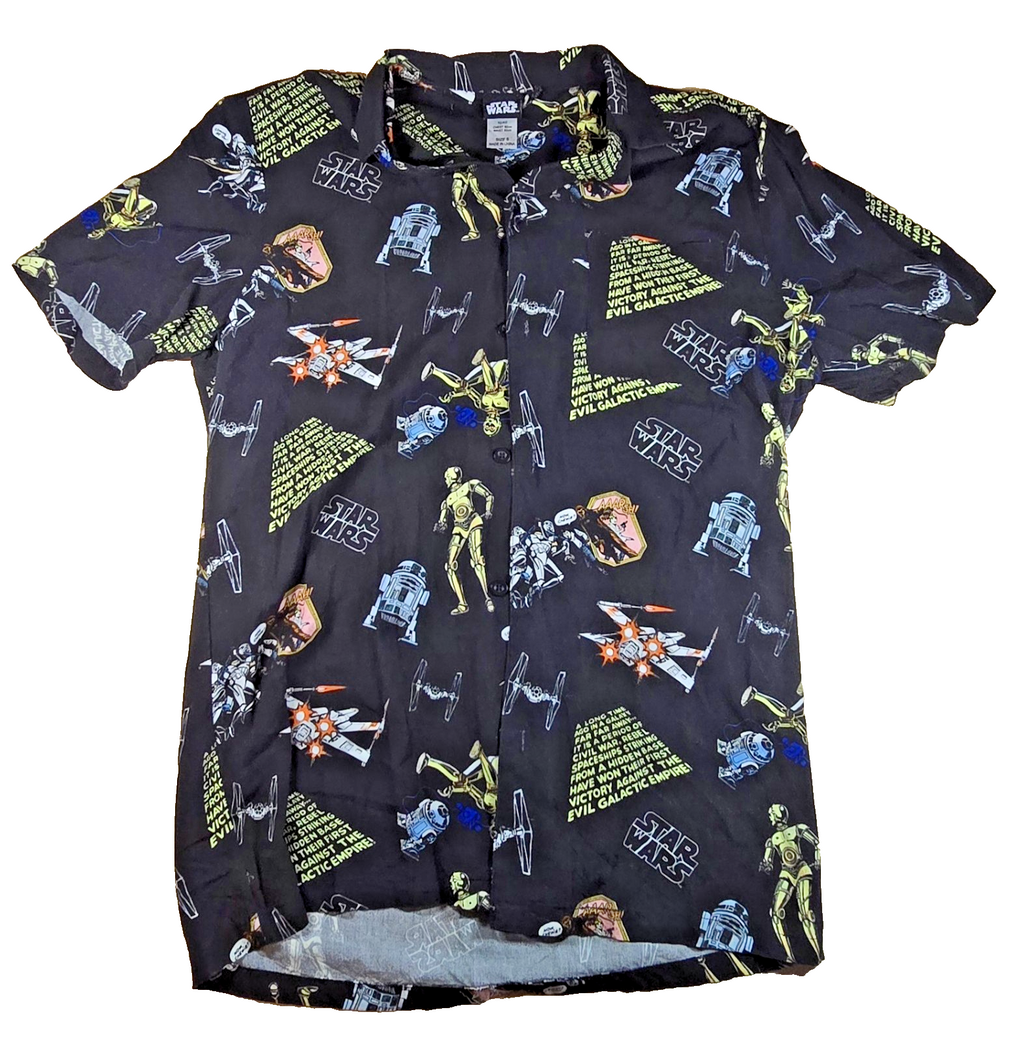 Star Wars Button Up Shirt Small S R2-D2 C-3PO Yoda TIE Fighter All Over Print