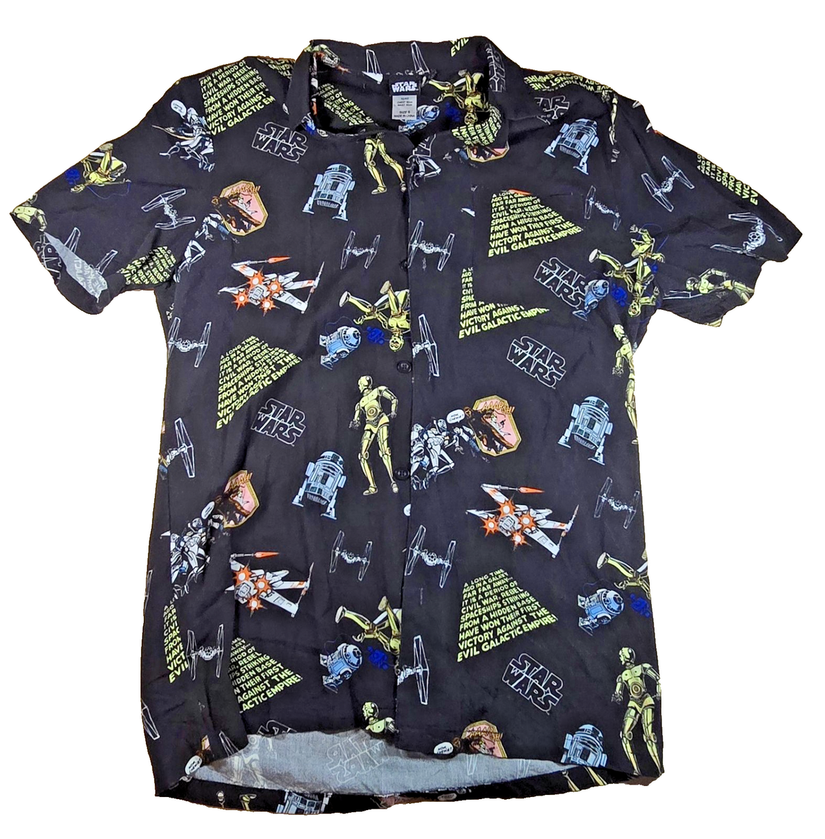 Star Wars Button Up Shirt Small S R2-D2 C-3PO Yoda TIE Fighter All Over Print