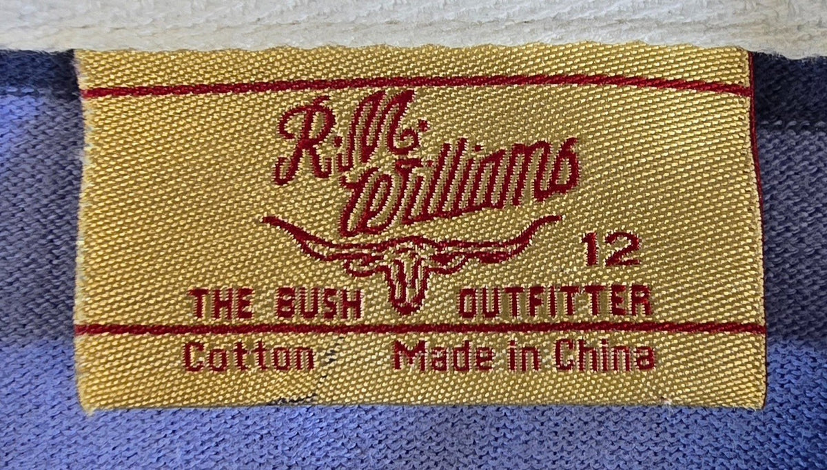 R.M. Williams Rugby Polo Shirt Size 12 Blue Stripe Long Sleeve Cotton