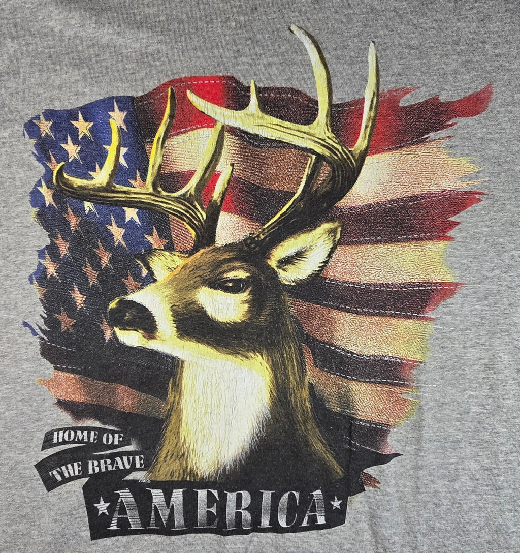Gildan Heavy Cotton Deer Buck American Flag T Shirt Large L Hunting USA Tee