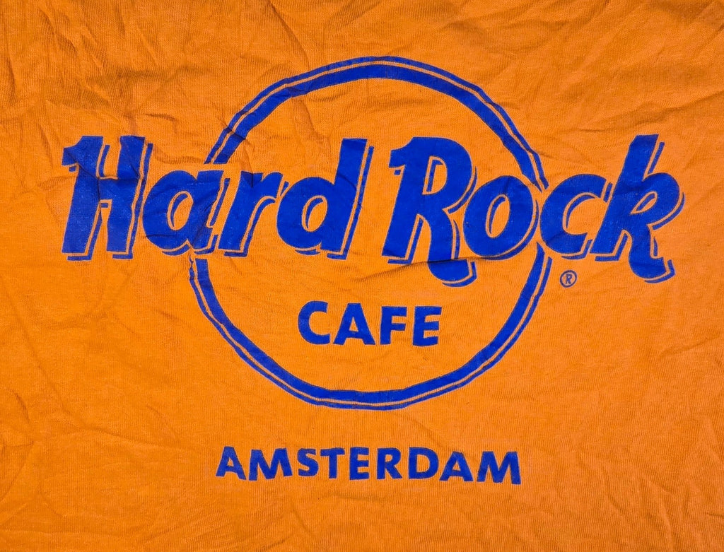 Hard Rock Cafe Amsterdam T Shirt Large Orange Blue Logo Netherlands Souvenir Tee