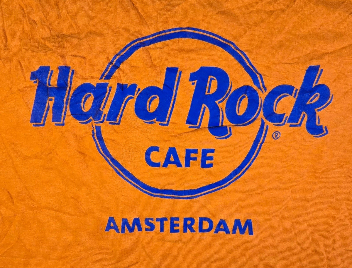Hard Rock Cafe Amsterdam T Shirt Large Orange Blue Logo Netherlands Souvenir Tee
