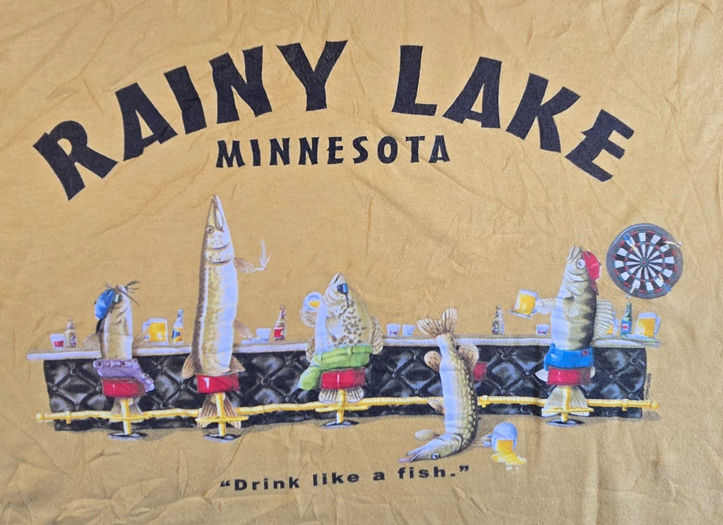 Rainy Lake Minnesota T Shirt XL Yellow Duck Co Drink Like A Fish Funny Tee