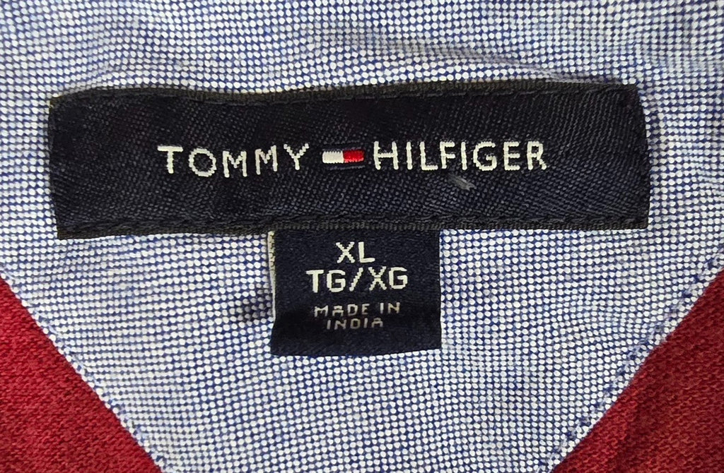 Tommy Hilfiger Rugby Shirt Men's Red Navy Striped Long Sleeve Spellout Polo XL