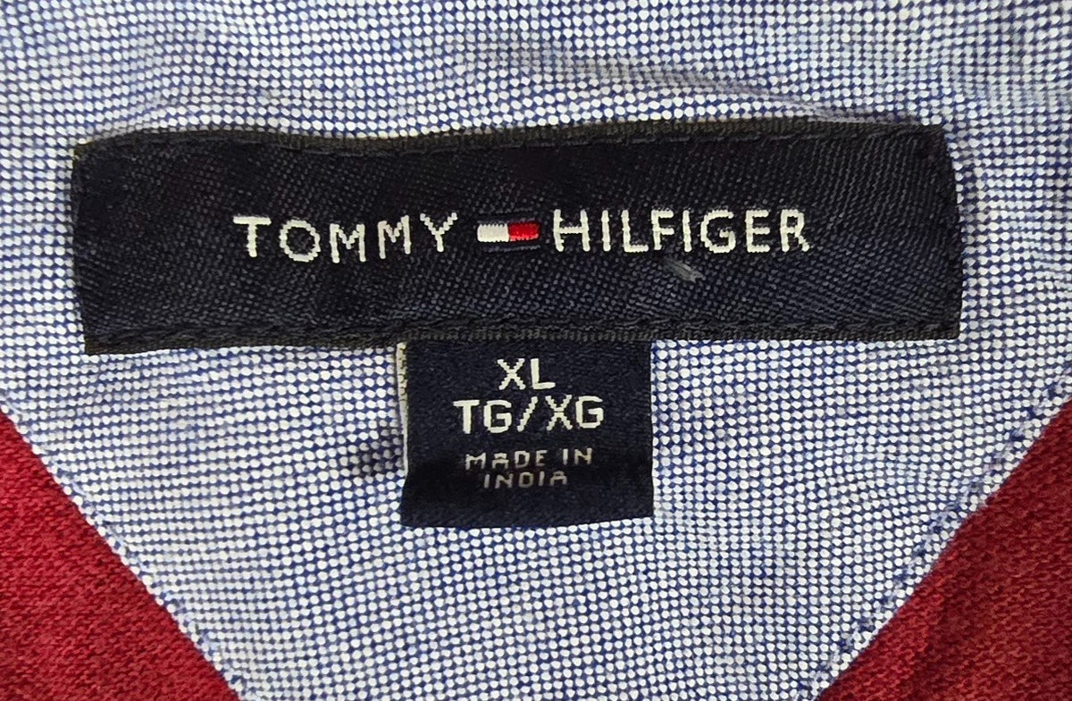 Tommy Hilfiger Rugby Shirt Men's Red Navy Striped Long Sleeve Spellout Polo XL