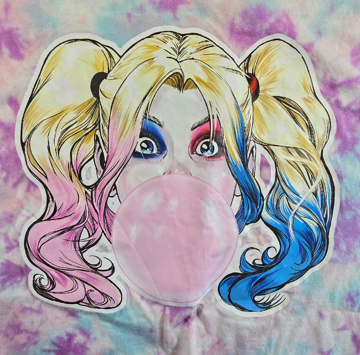 DC Harley Quinn T Shirt Womens Tie Dye Pink Blue Bubble Gum Batman Tee