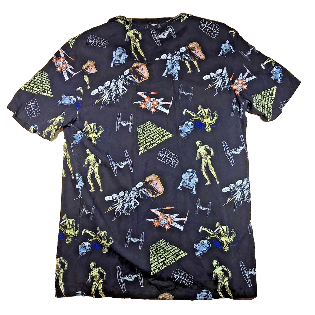 Star Wars Button Up Shirt Small S R2-D2 C-3PO Yoda TIE Fighter All Over Print