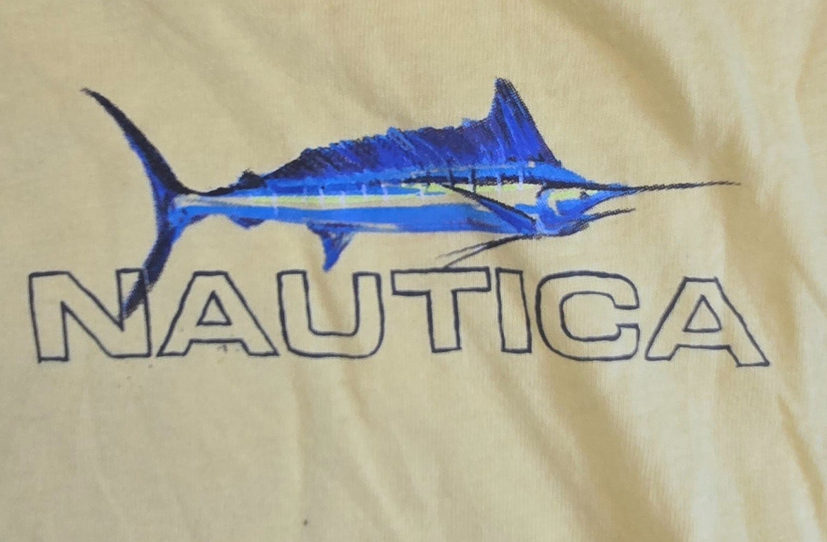 Nautica T Shirt Medium Yellow Fishing Marlin Sailfish Graphic 100% Cotton Tee Me