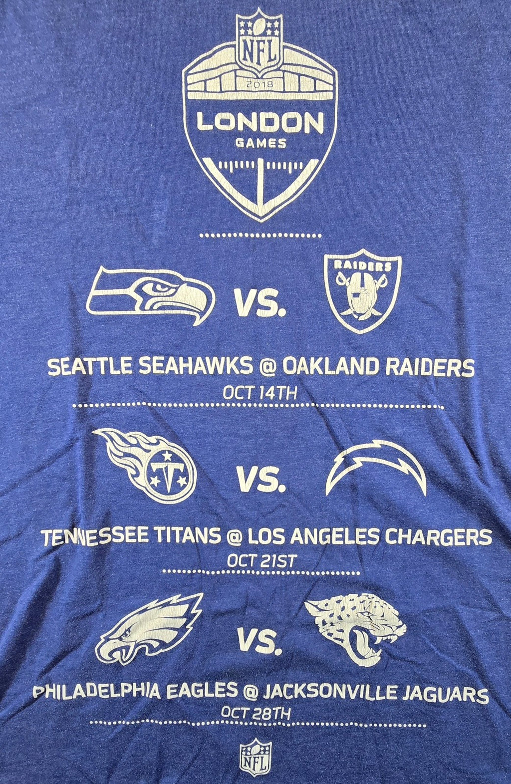 NFL London Games 2018 T Shirt Blue Seahawks Raiders Eagles Jaguars Approx XL
