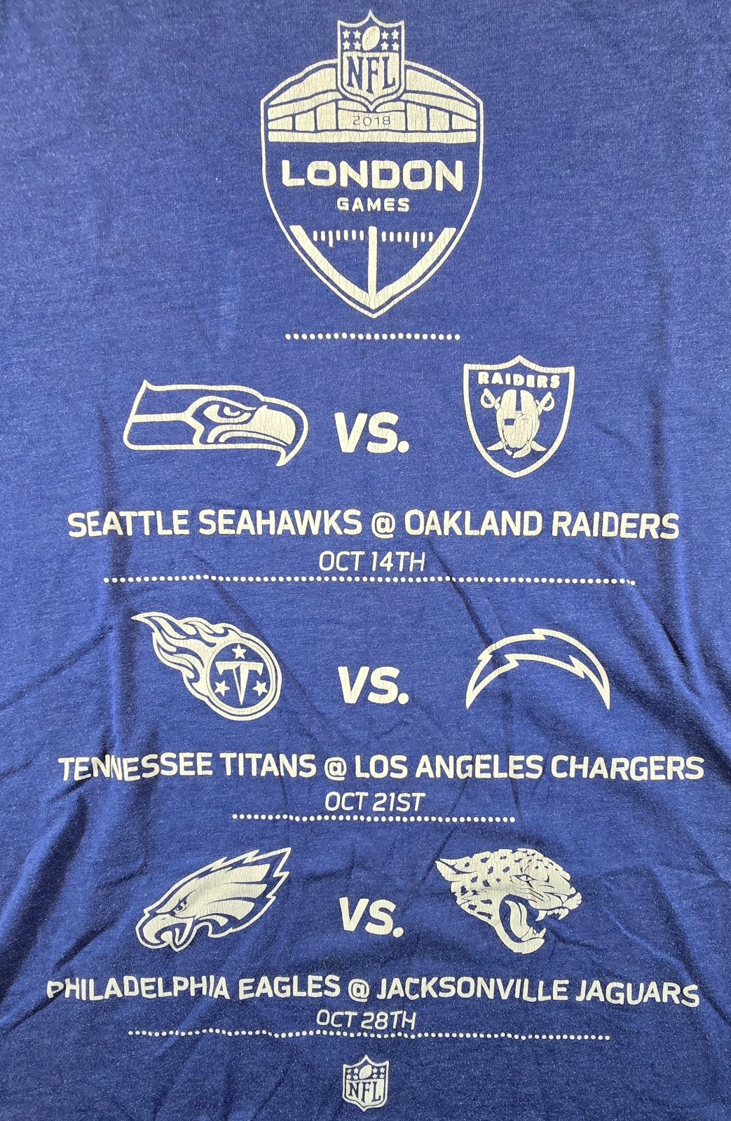 NFL London Games 2018 T Shirt Blue Seahawks Raiders Eagles Jaguars Approx XL