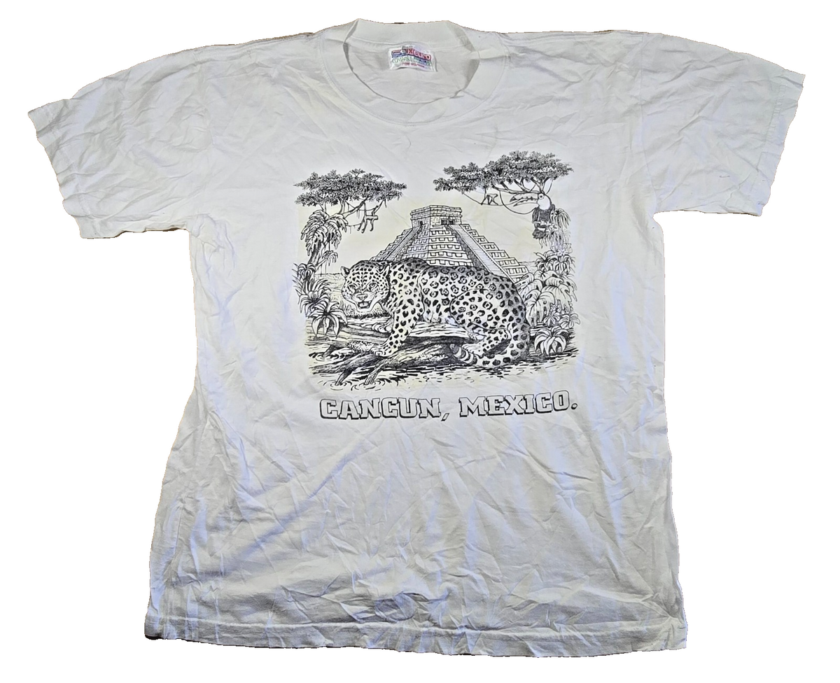 Cancun Mexico T Shirt Large L White Jaguar Mayan Pyramid 100% Cotton Souvenir
