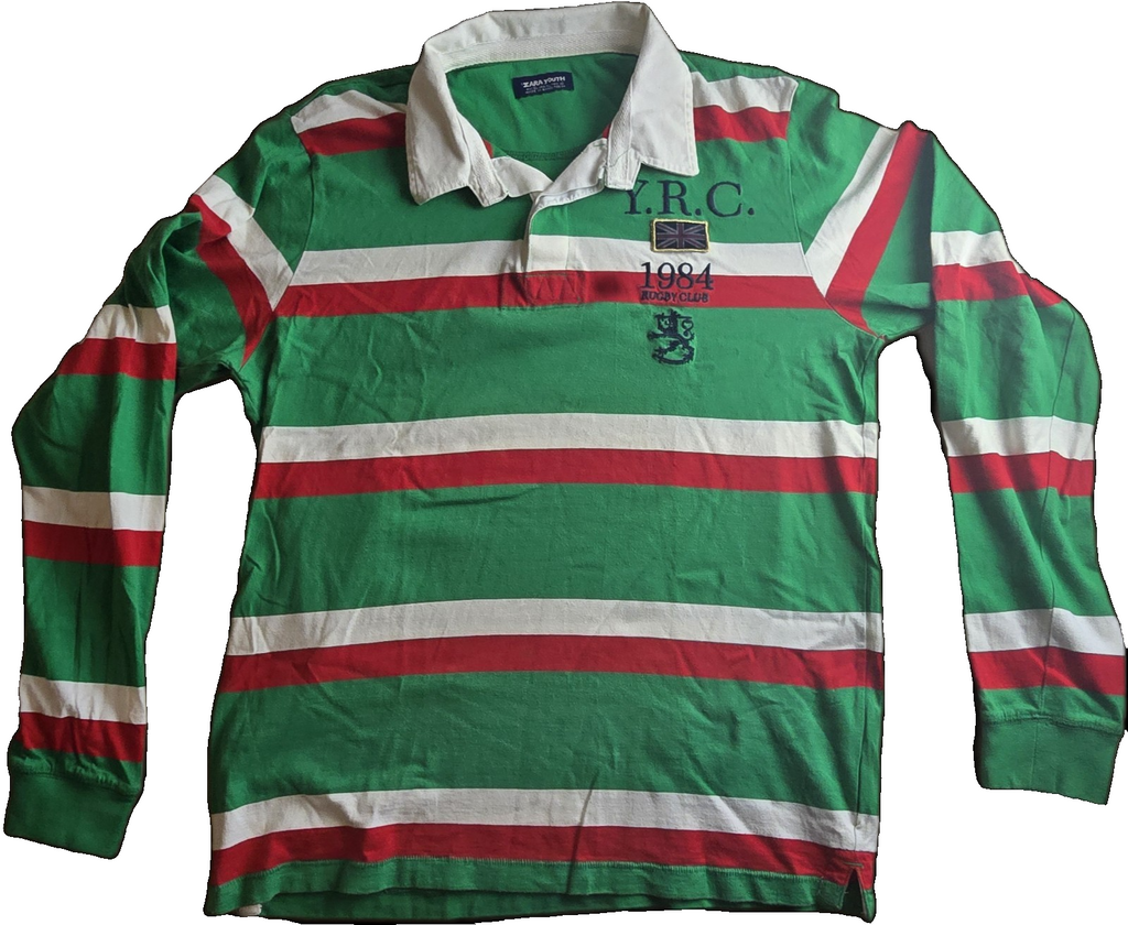 Zara Youth Y.R.C. 1984 Striped Rugby Jersey Long Sleeve Collar Green/Red Size XL
