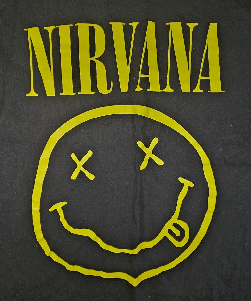 Nirvana T Shirt Large L Black Yellow Smiley Face Logo Grunge Rock Band Tee