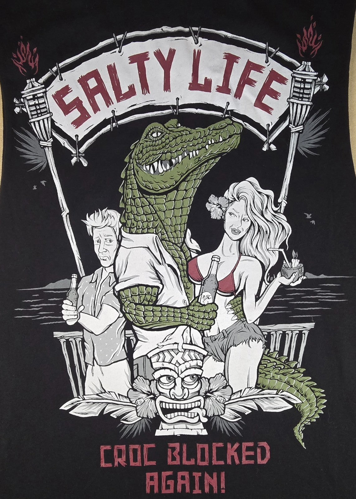 Salty Life XL Black Sleeveless Tank Top Croc Blocked Again Alligator Graphic Tee